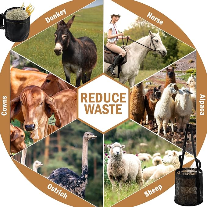 Lemecima 2 Pcs Horse Feed Bag Comfort Breathable Mesh Feed Bucket Heavy Duty Feed Bag with Adjustable Strap and Waterproof Bottom for Horse Feeding Supplies Muzzle Feed Bag, Medium (Black)