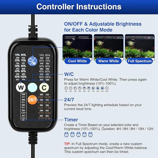 fishkeeper Aquarium Light, LED Fish Tank Lights with Auto Time Sync & 24/7, IP68 Waterproof Extendable Bracket DIY Full Sprctrum Aquarium Plant Lights with Timer/Dimming, Memory Function for 24-32inch
