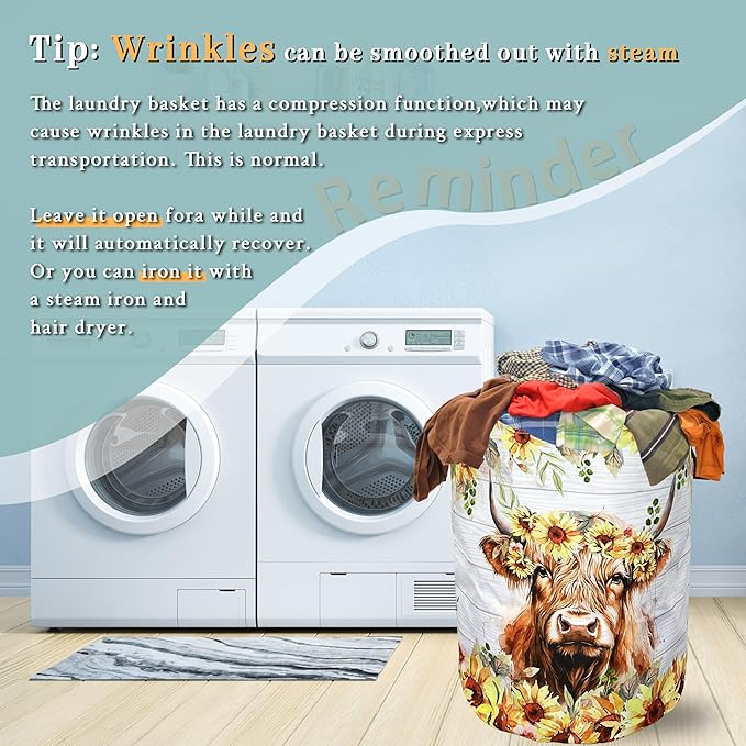 Sunflower Highland Cow Laundry Basket Foldable With Handles Tote Bag Oxford Cloth Funny Animal Laundry Hamper Clothes Storage Bucket Toy Organizer 18.9"x16.5" For Bathroom/Laundry/Bedroom