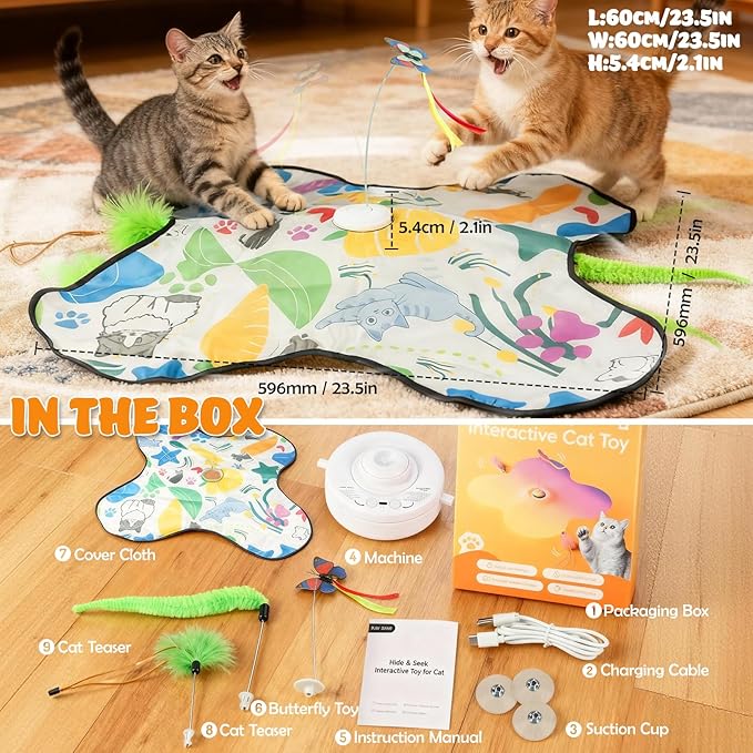 Interactive Cat Toys Rechargeable for 4 in 1 Hide and Seek Game, Moving Concealed Wand Feathers, Real Mouse Squeaky, Durable Exercise Toys for Indoor Cats for Bored Adult Cats Wand Toy