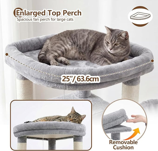 Heybly Cat Tree, 53.1-Inch Corner Stable Cat Tower for Large Indoor Cats, Well-Structured Interactive Cat Condo with Fan-Shaped Top Perch, Cozy Condo, Sturdy Base, Basket & Hammock,Light Gray HCT029W
