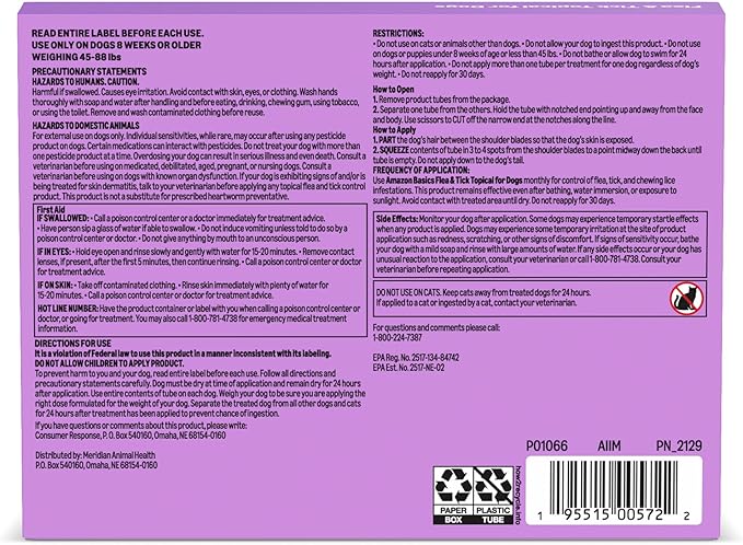 Amazon Basics Flea and Tick Topical Treatment and Prevention for Large Dogs (45-88 lbs), Fast Acting and Long Lasting, 3 Count, Packaging May Vary