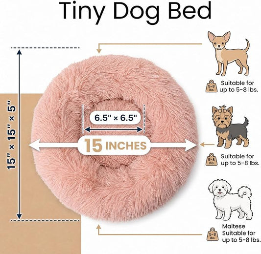 Tiny Dog Bed 15 Inch for Extra Small Dogs,Washable Puppy Bed,Soft Faux Fur Calming Donut Bed for Chihuahua Yorkie Maltese Pomeranian,Pink