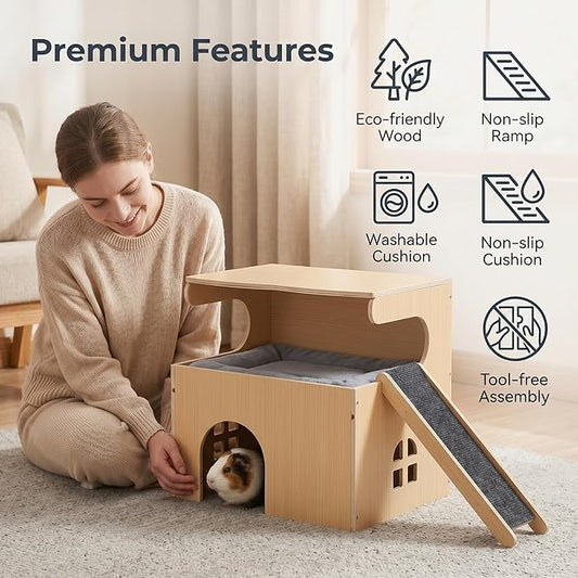 Quazara Guinea Pig Hideout, 2-Tier Thickened Natural Wood Chew Resistant Small Animal House, Pet Shelter with Ramp & Washable Cushion, 10-Min Assembly with Screwdriver, for Guinea Pigs,Hamster