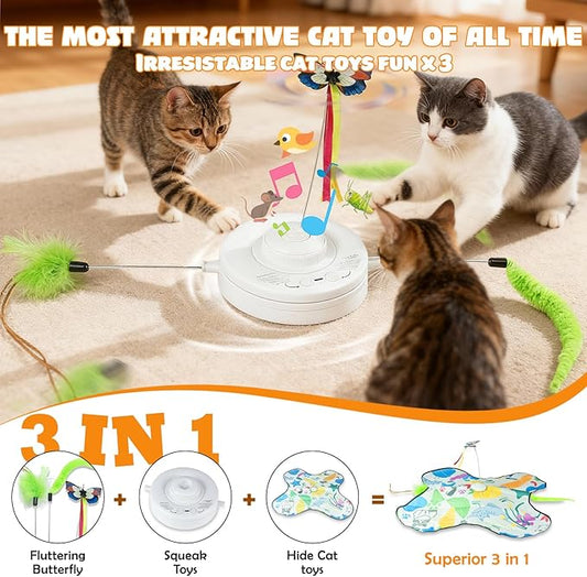 Interactive Cat Toys Rechargeable for 4 in 1 Hide and Seek Game, Moving Concealed Wand Feathers, Real Mouse Squeaky, Durable Exercise Toys for Indoor Cats for Bored Adult Cats Wand Toy