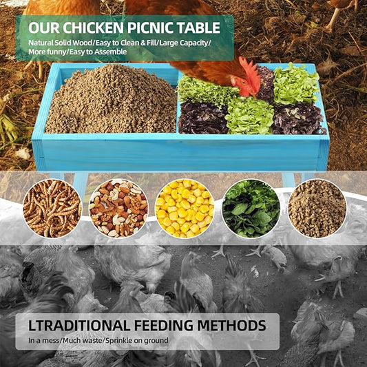 Chicken Picnic Table, Chicken Feeder No Waste Handmade Wooden, Large DIY Chicken Feeder Kit, Wild Bird, Duck & Squirrel Feeders, Mesh Bottom Keep Food Fresh and Dry Easy to Clean and Fill(Blue Paint)
