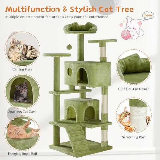 DUMOS 54 Inch Cat Tree Tower, Indoor Multi-Level Pet House for Large Cats Tree with 2 Condos, Scratching Posts, Round Platform, Small Ladder, and Toys, Green