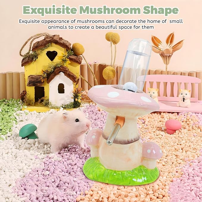 PINVNBY Hamster Water Bottle No Drip Ceramic Automatic Gerbil Water Bottle 80ML Water Dispenser with Mushroom Stand Holder for Gerbils Syrian Hamsters Dwarf Hamsters Mice (Pink)
