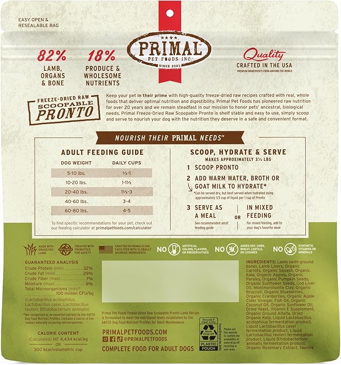 Primal Freeze Dried Dog Food, Pronto Mini Nuggets, Lamb; Scoop & Serve, Complete & Balanced Meal; Also Use as Topper or Treat; Premium, Healthy, Grain Free, High Protein Raw Dog Food 25 oz (Pack of 2)
