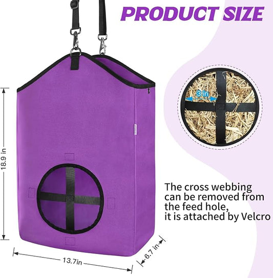Hay Bags,Slow Feed Hay Bags for Horses,Goats,Donkeys with Reinforced Oxford Fabric and High Strength Metal Clasp,Horse Feeding Supplies with Strap for Easy Hanging (1 Purple)