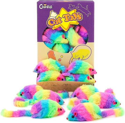 CHIWAVA 24PCS 2.8" Rainbow Color Furry Cat Toy Mice with Rattle Kitten Mouse Interactive Play