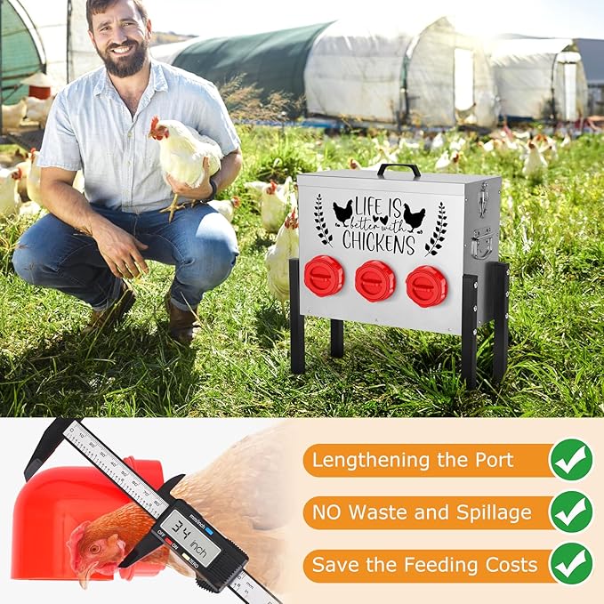 TGEYD 30 lb Chicken Feeder with 6 No-Waste Ports – Heavy-Duty Outdoor Metal Feeder with Adjustable Height, Locking Lid & Riveted Handles – Rustproof Feed Box for Poultry & Backyard Chickens
