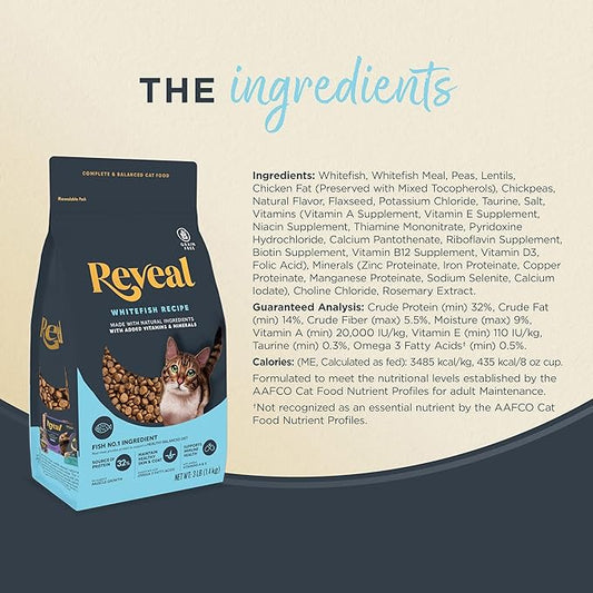 Reveal Natural Dry Cat Food, High Protein, Grain Free with Added Vitamins & Minerals, Complete & Balanced Nutrition for Cats, Whitefish Recipe (7 Pound Bag)
