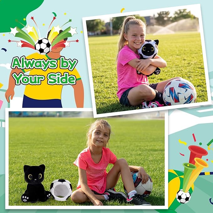 Black Cat Plush Toy - 8" Cute Stuffed Animal with Removable Soccer Ball Costume, Soccer Gift for Kids, Boys, Girls, Cat Lovers, Huggable Soft Kawaii Plushie