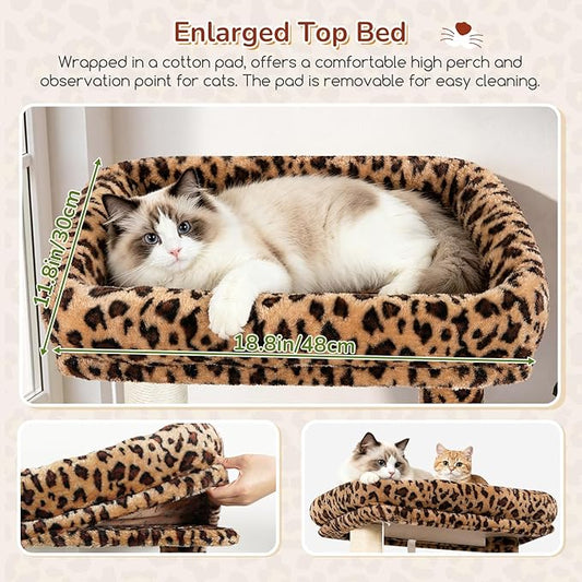 Globlazer Leopard Cat Tree Tower with Scratching Post for Indoor Cats, 53in Plush Multi-Level Cat Climbing Tower Condo House with Large Hammock, Spacious Cat Cave, Padded Top Perch, F53, Leopard Print