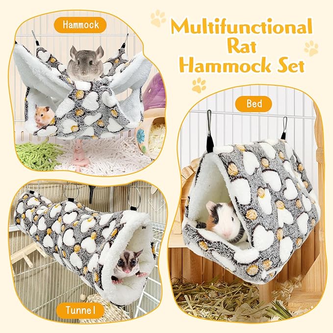 PINVNBY 3 Pack Rat Hammock Set Soft Ferret Hideout Bed Hanging Hamster Tunnel Cave Small Animal Cage Accessories Toy for Guinea Pig Chinchilla Squirrel Sugar Glider (Gray)