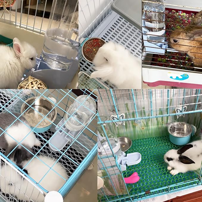 Rabbit Water Bottle Ferret Food Bowl Bunny Water Dispenser Stainless Steel Food Dish Hanging Drinking Fountain Drinker Feeder Crate Bowl Feeder Cup for Guinea Pig Hedgehog Chinchilla