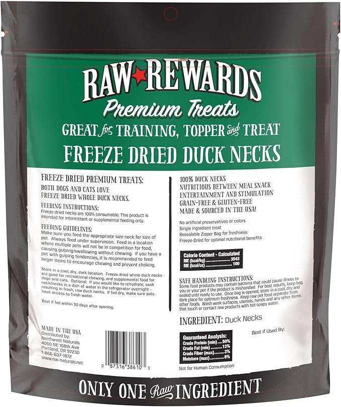Northwest Naturals Raw Rewards Freeze-Dried Duck Neck Treats for Dogs and Cats - Bite-Sized Pieces - Healthy, 1 Ingredient, Human Grade Ingredients, All Natural, Proudly Made in USA, 5 Oz (Pack of 3)