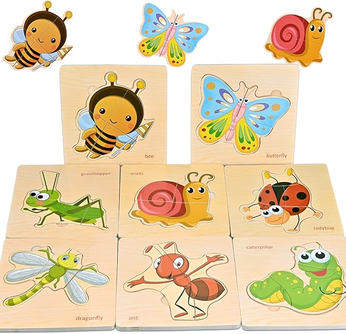 Faburo Wooden Puzzles for Toddlers 1-3, 8pcs Shapes, Insect Animal Themed Montessori Toys for 1 Year Old Learning, Educational Preschool Toys for Boys Girls