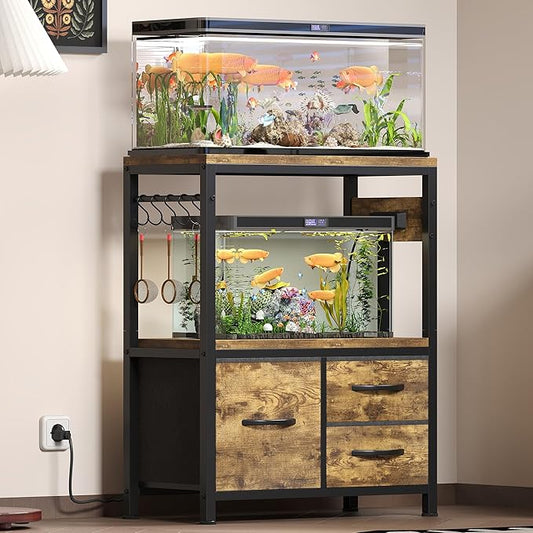 Heybly 10-20 Gallon Fish Tank Stand, Aquarium Stand with Drawer, Power Outlet, Heavy Duty Metal Frame, for Fish Tank, Turtle & Reptile Terrarium, 24.4" × 12.6" Top, 200lbs, Rustic Brown HAS003SSR