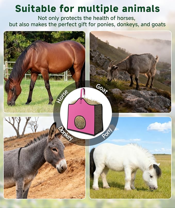 Hay Feeder for Goats and Horses - Slow Feed Design, Heavy Duty Hanging Hay Bag for Barn, Trailer & Paddock, Easy to Hang & Clean(3pcs, Pink)