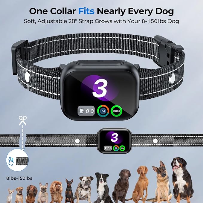 RPZ Smart Dog Bark Collar for Small Medium Large Dogs 8-150 Lbs, Black | Rechargeable anti barking collar with bark count tracking, 4 training modes, 3 sensitivity levels and IP67 waterproof