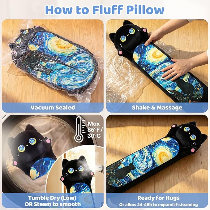 Mewaii Long Cat Plush 5 Sizes, 120% Extra Filling Giant Plushness Kids Body Pillow, Kawaii Cute Black Starry Cat Stuffed Animals Plushies, Big Long Black Cat Body Pillow Plush Gift for Girls 20”