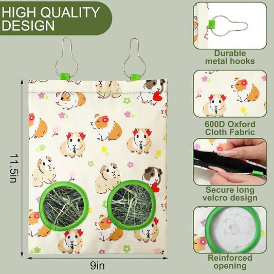 JarThenaAMCS 2 Pcs Guinea Pig Hay Feeder Bag with 2 Holes Hanging Hay Feeding Bag Beige Flower Floral Storage Dispenser for Chinchilla Hamster Bunny Small Animal Pet, 11.5 x 9 Inch