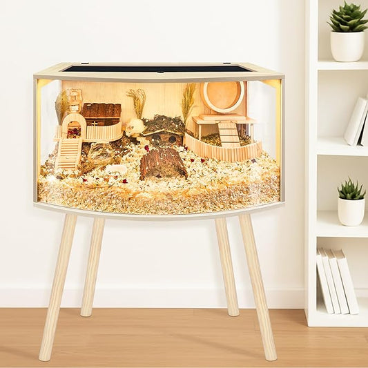 Prolee Hamster Cage with Curved Design,Chew Proof Wooden Hamsters Enclosure with Leg Stand and Openable Top or Gerbils,Hamster Habitat (24"x16"x16")