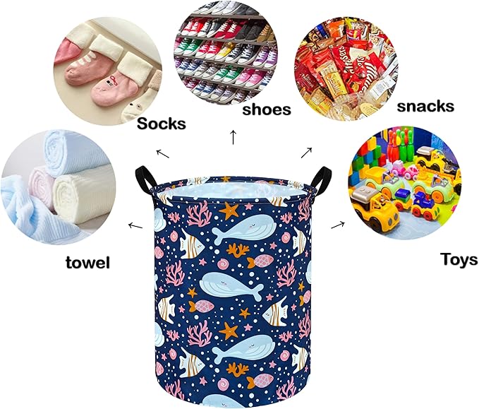 Kids Laundry Hamper Storage Basket Laundry Organizer Hamper Storage Bins Clothes Box Nursery Hamper Gift Basket with Handles (Whale)