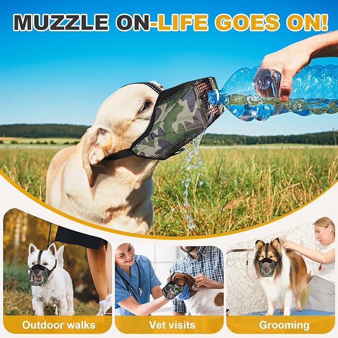 Mesh Dog Muzzle, Breathable Soft Dog Muzzle with Reflective Straps for Secure Fit, Prevents Biting, Chewing Scavenging- Adjustable for Small Medium Large Dogs,Camo,M