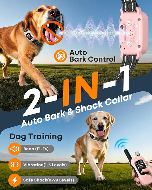 2-in-1 Dog Shock & Bark Collar – 4500FT Dog Training Collar with Remote, 3 Training Modes & LED Light, IPX8 Waterproof E Collar with Anti-Barking for Small Medium Large Dog (Pink)