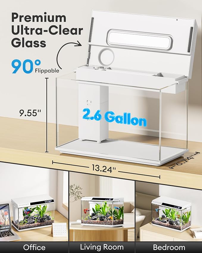 BUCATSTATE 2.6 Gallon Fish Tank, 3 Stage Filtration with Independent Waste Compartment Aquarium, Quiet 3 in 1 Pump, Real-Time Temp Display, 8-Mode LED Light Fish Tank (White)