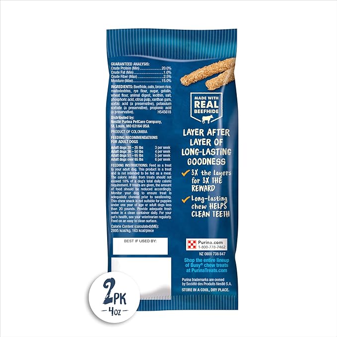 Purina Busy Rawhide Small/Medium Breed Dog Bones, Chewnola With Oats & Brown Rice - 2 ct. Pouch