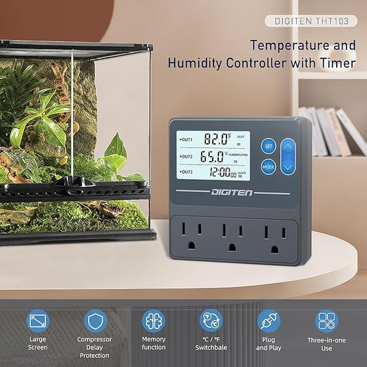 DIGITEN Reptile Temp & Humidity Controller, Timer Outlet, Day-Night Thermostat, 3-Stage Outlet Plug in Temperature Controller for Reptile, Mushroom, Homebrew