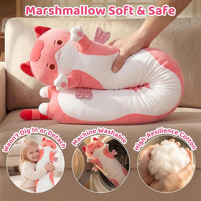 Mewaii Long Cat Plush 5 Sizes, 120% Extra Filling Giant Plushness Kids Body Pillow, Kawaii Cute Pink Cat Stuffed Animals Plushies, Big Long Body Pillow Cat Plush Gift for Girls 44”