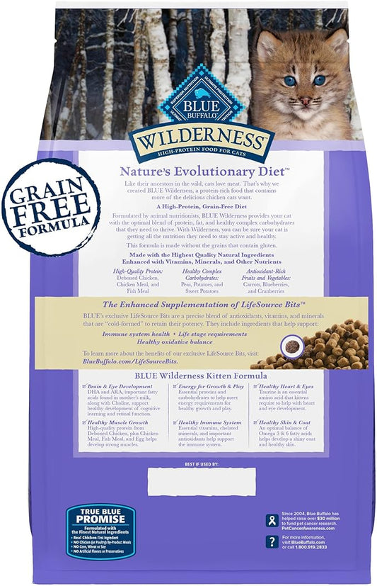 Blue Buffalo Wilderness Natural Kitten Dry Cat Food, with DHA and ARA to Support Brain and Eye Development, High-Protein and Grain-Free Diet, Chicken, 2-lb Bag