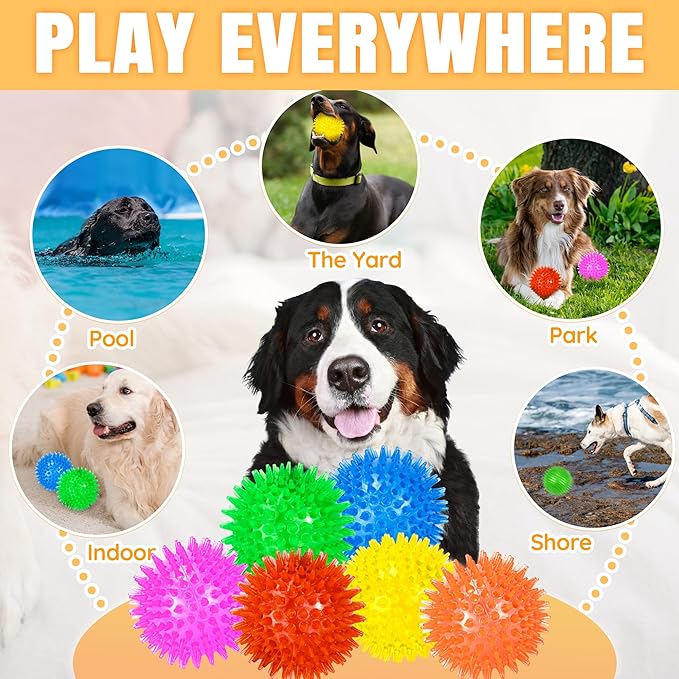 LECHONG 6-Pack 3.5” Squeaky Dog Balls, Durable Soft Spiky Chew Rubber Fetch Toy Balls for Large Medium Aggressive Chewers Teeth Cleaning Chewing Playing Training & Boredom Buster Indoors Outdoors