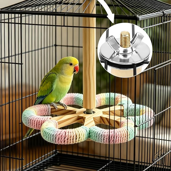 Parakeet Toys & Bird Perch - Rotating Stand with Chew Ball, Bird Cage Accessories for Small & Medium Birds Parakeets Cockatiels Lovebirds Conures Budgies (Rainbow)