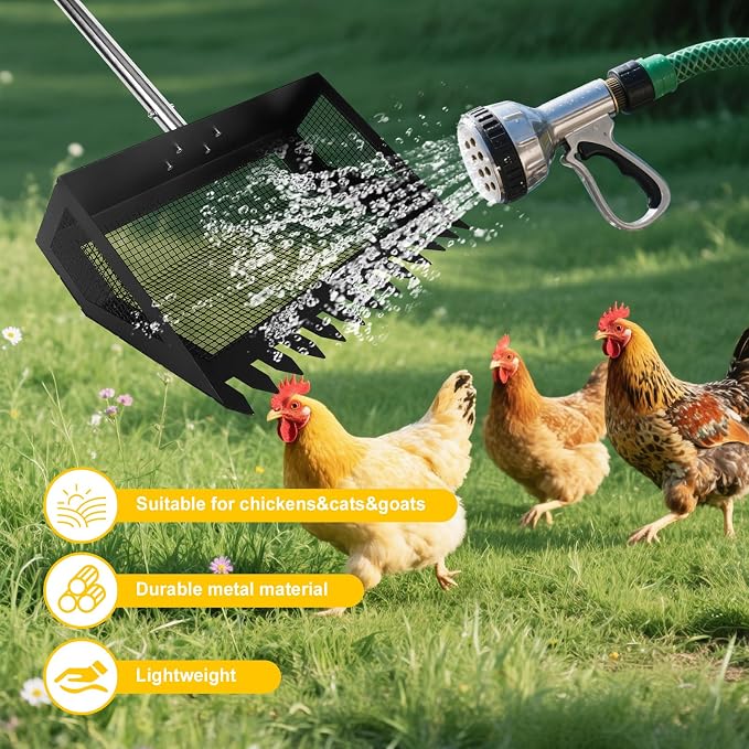 15inch Extra Large Chicken Poop Scooper,Adjustable Chicken Coop Scooper for Poop,Stainless Steel Chicken Poop Scooper Rake with 24 to 68" Handle,Litter Scooper Sifting Shovel Chicken Coop