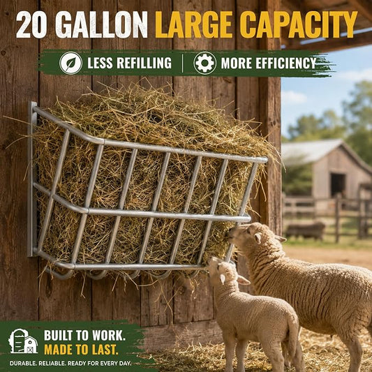 20 Gallon Wall Mount Hay Feeder, Metal Hay Rack for Goats and Horses | Galvanized steel, livestock feeding rack, barn stall feed holder, space-saving, rounded edges, easy install