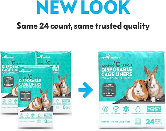 Paw Inspired Disposable Guinea Pig Cage Liners | Bamboo Charcoal Odor Controlling | Super Absorbent Liners Pee Pads for Ferrets, Rabbits, Hamsters, and Small Animals (28" x 17" (C&C 2 x 1), 24 Count)