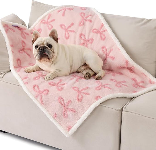 LE SURE Waterproof Puppy Blanket for Medium Dogs - Washable Double Sided Dog Blankets with Warm Jacquard Shag and Soft Sherpa Fleece, Pet Cat Blanket for Couch Protection, Bow Design,Pink Taffy