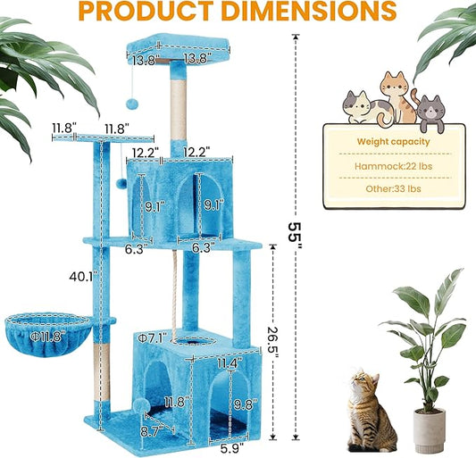 54-Inch Cat Tree Tower with 2 Caves & 2 Pompoms - Multi-Level Tower for Indoor Cats, Soft Plush Condo with Scratching Posts - Sturdy Base for Large Cats(Blue)
