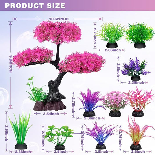 Ameliade Aquarium Artificial Plastic Plants Decoration, Pink Cherry Blossom Tree Aquarium Decor Set, Goldfish Betta Fish Tank Decorations Hides Accessories(Pink