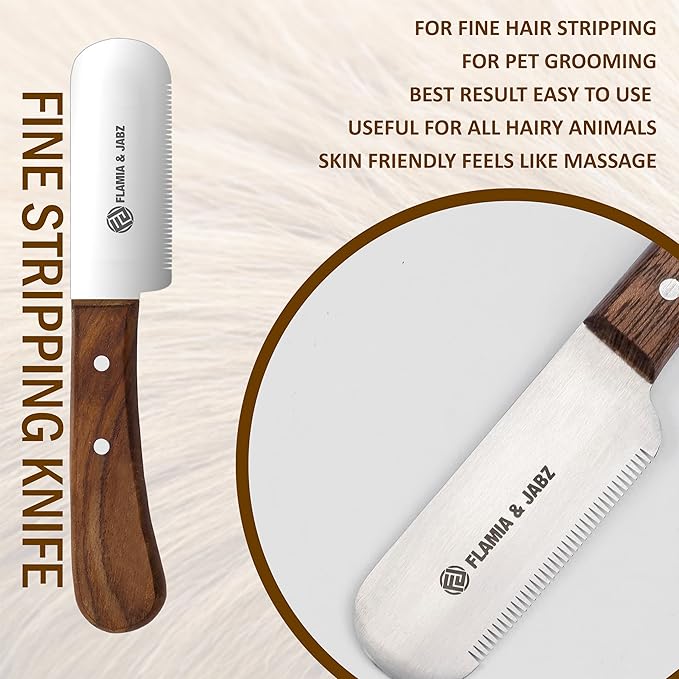 FLAMIA & JABZ Professional Dog Grooming Hand Stripping Knife, Stripper Trimmer Tool, Red Meranti Wooded Handle non slip grip with Tripping Stainless Steel blade (3 Piece Pack, Left Handed)