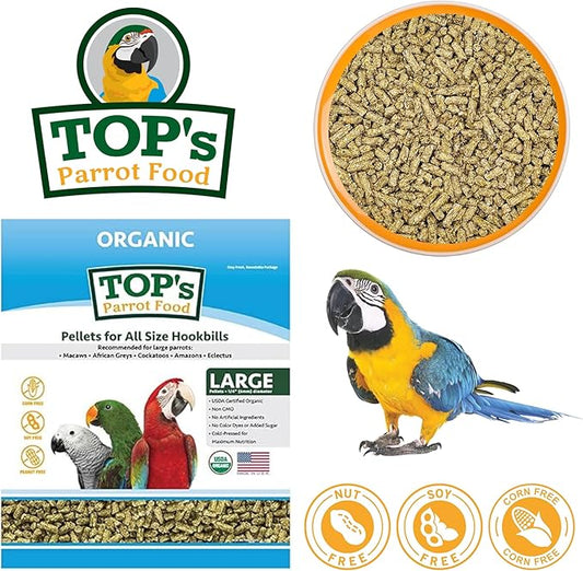 TOP's Parrot Food Pellets Hookbills, Small, Medium and Large Parrots - Non-GMO, Peanut Soy & Corn Free, USDA Organic Certified - 4 lb / 1.81 kg