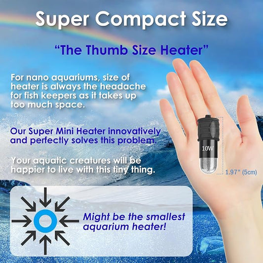 10W Mini Aquarium Heater for up to 1 Gallon Tanks | Super Small 5V/2A USB Fish Tank Heater with Digital Thermostat, Dry-Run & Overheat Protection, Memory Function