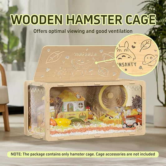 32 inch Wooden Hamster Cage, Large Habitat, Openable Top, Transparent Acrylic for Interior View, Ventilated, Easy to Clean, for Syrian Hamster, Dwarf Hamster, Gerbil, Other Small Pet Animals