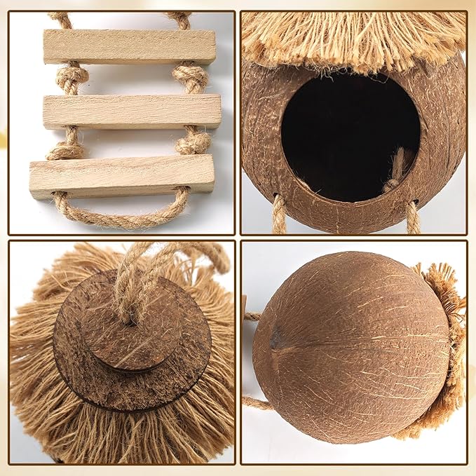 Gecko Coconut Hideout with Ladder,Reptile Hammock Plants Vines Jungle Terrarium Decor Tank Accessories for Crested Geckos,Leopard Geckos,Lizard,Snakes,Tree Frogs